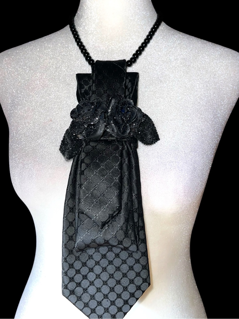 Black Satin Floral Brooch Necktie necklace